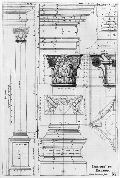 Schnitt und Aufriss einer zusammengesetzten Säule, entworfen von Andrea Palladio, Illustration aus 